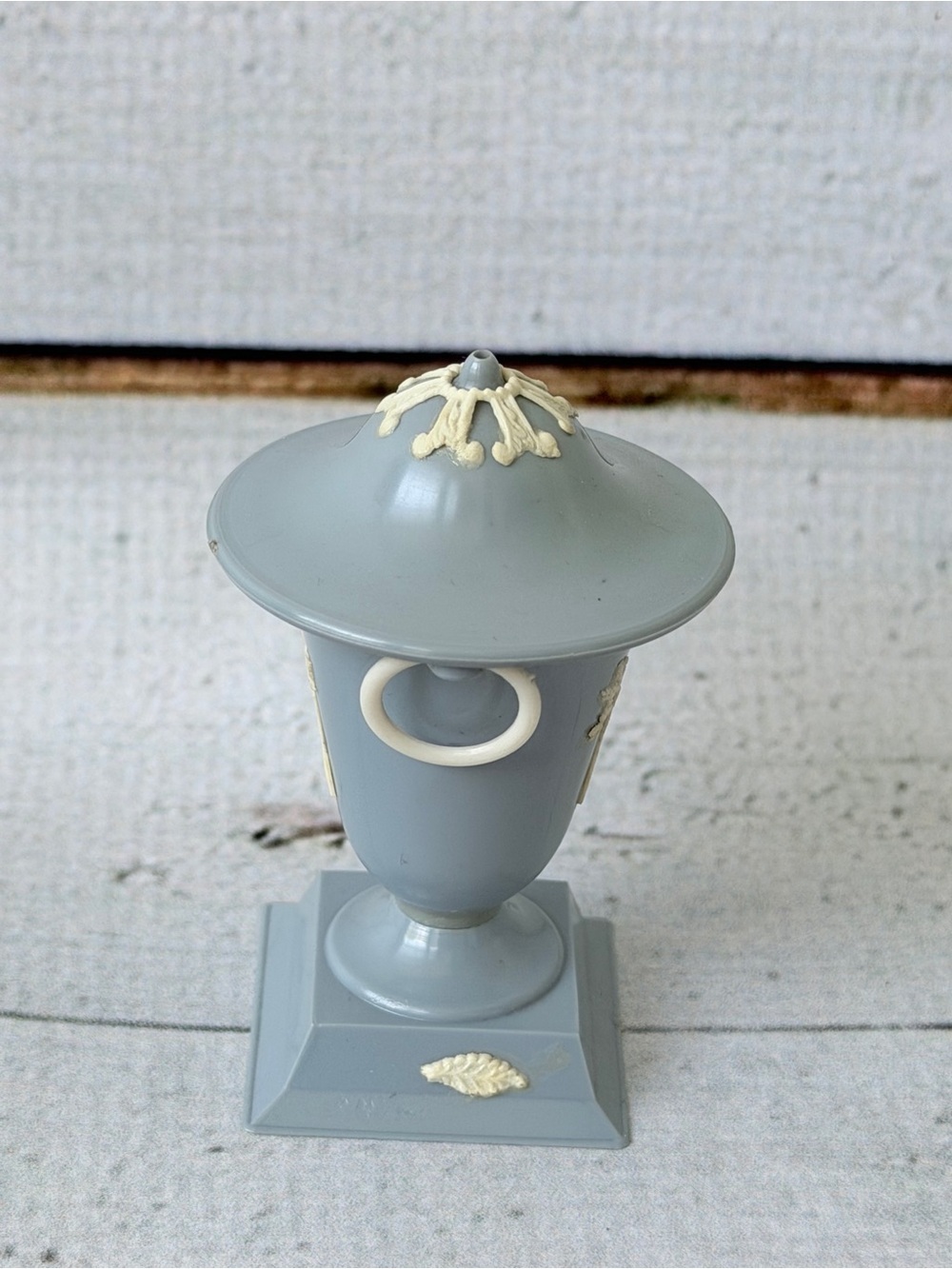 Pair of Gray Decorative Covered Urns with Cream Relief Accents - Picture 3 of 15